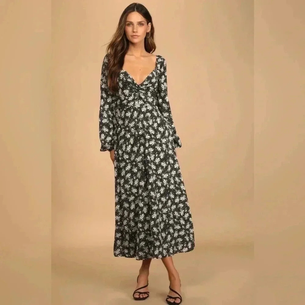 Lulu's Found Your Bliss Black Print Long‎ Sleeve Lace-Up Midi Dress Size Small